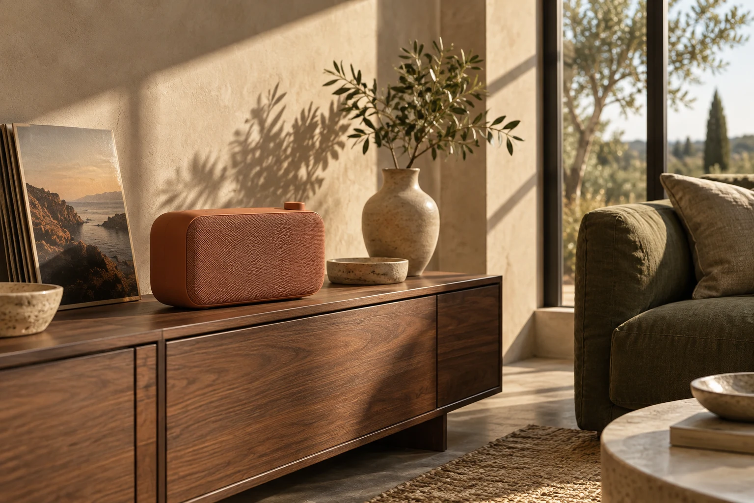 Wide FORMA Grand speaker on a wooden sideboard in a sunlit living room