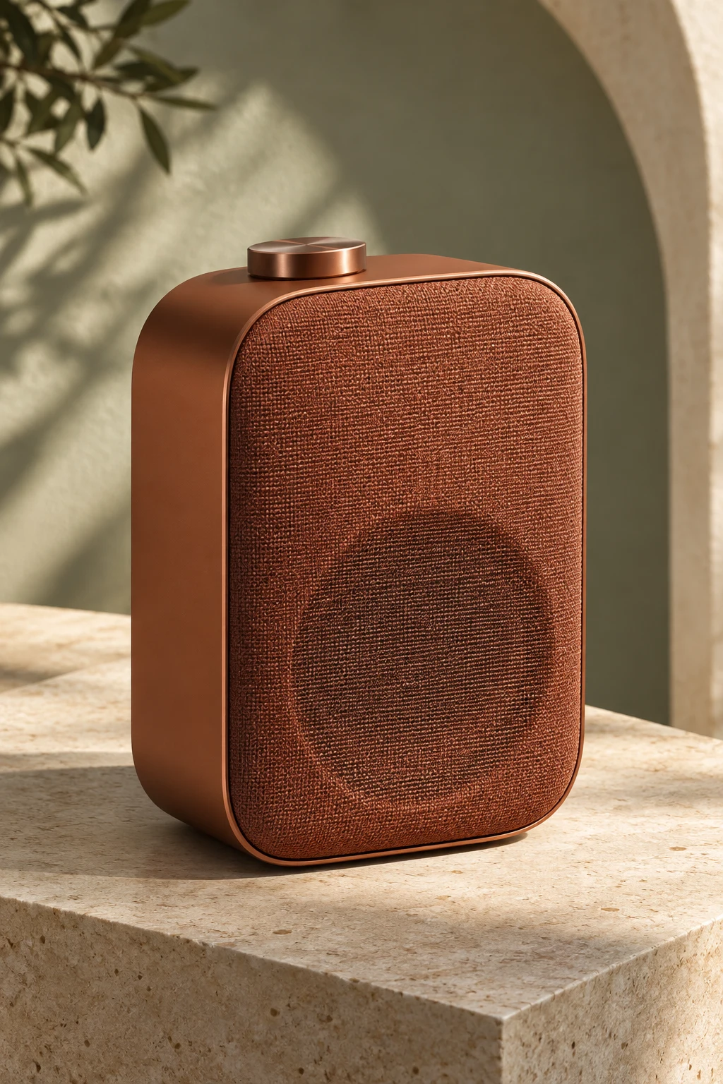 Terracotta FORMA One speaker on a stone plinth